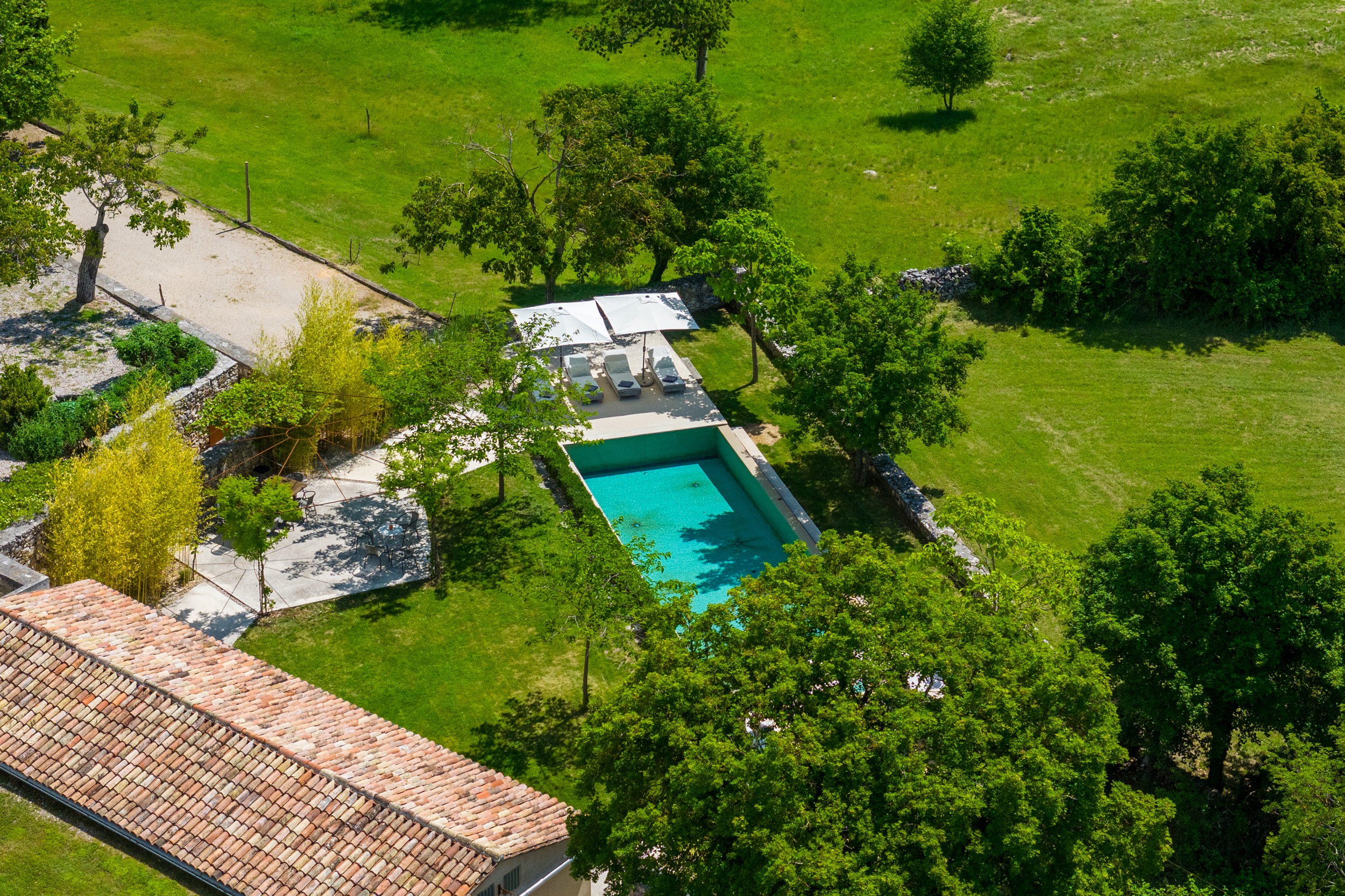 casa ceppi istria croatia aerial drone top down view pool lawn terracotta roof