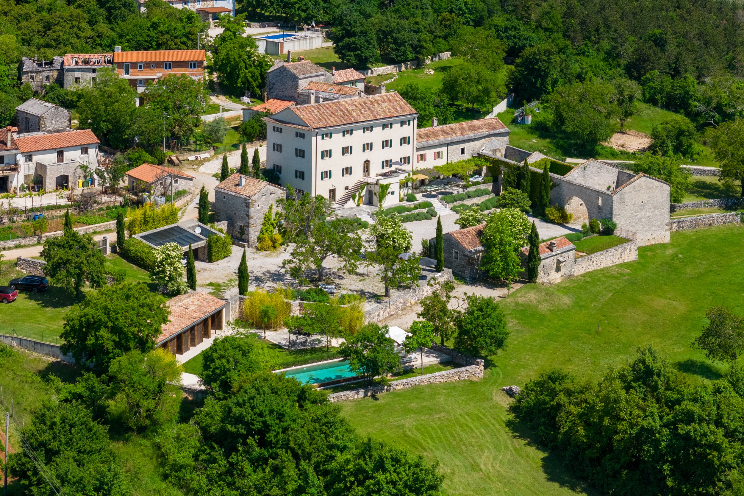 casa ceppi istria croatia aerial drone view main house walled garden pool