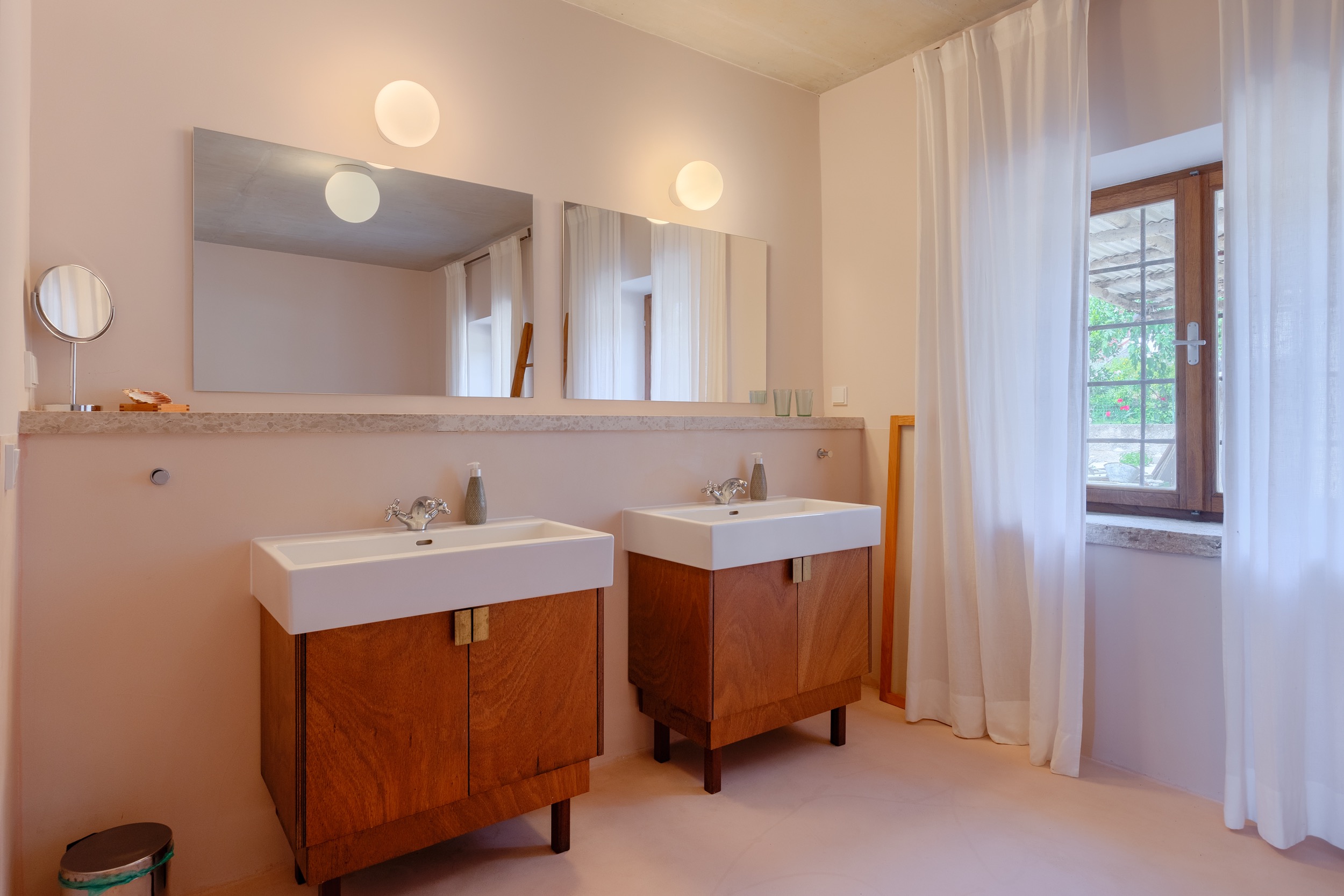 casa ceppi istria croatia interior bathroom double vanity wooden cabinets curtain window
