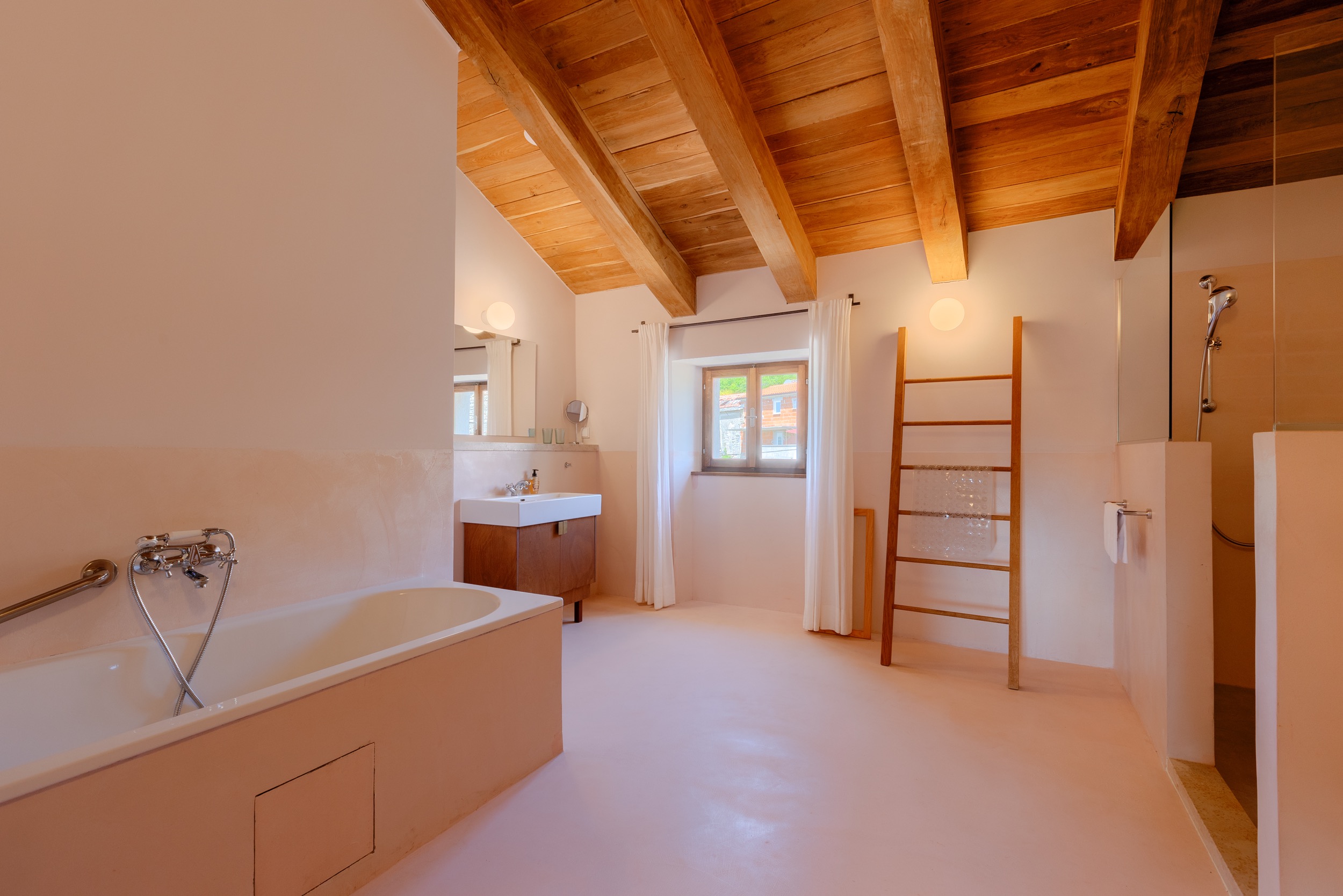 casa ceppi istria croatia interior bathroom wood beam ceiling bathtub ladder shower