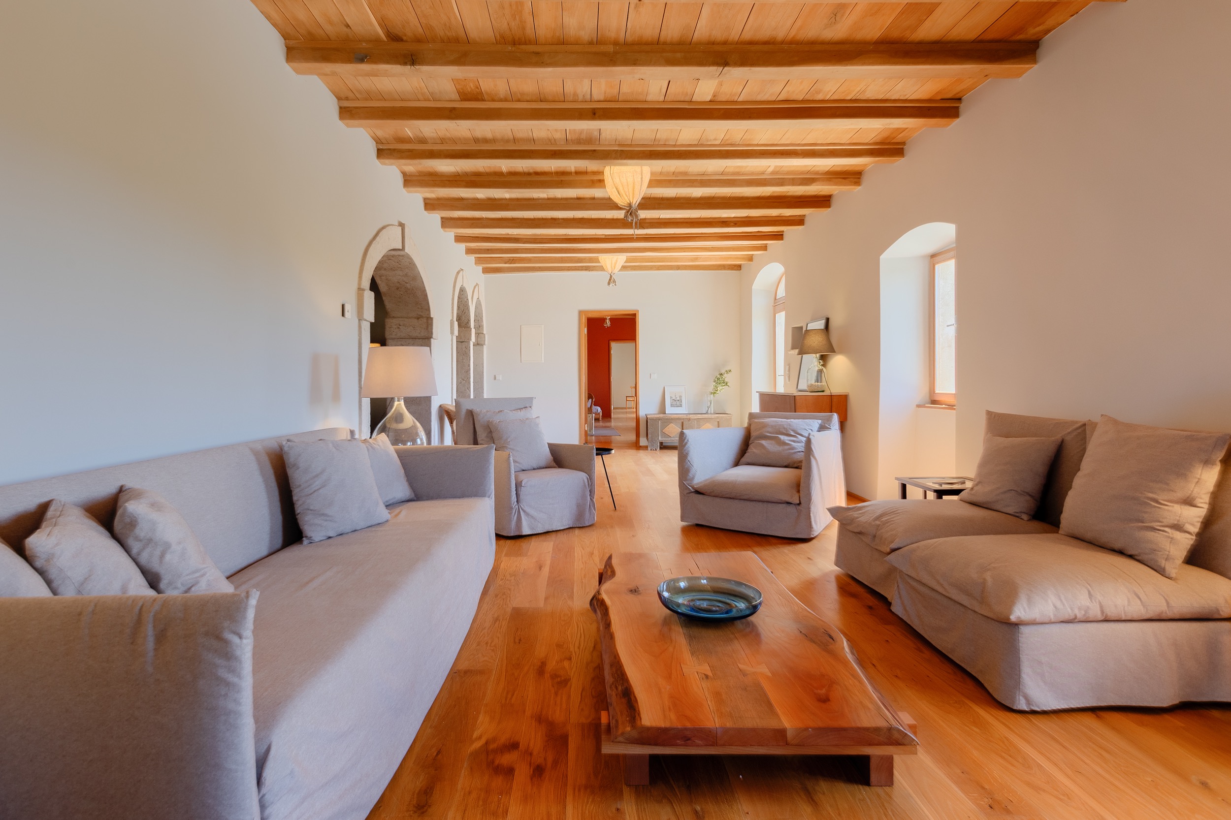 casa ceppi istria croatia interior living room beige sofas coffee table hallway view